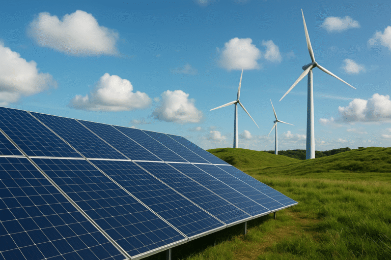 Napelemek a réten, a háttérben szélerőművekkel – megújuló energiaforrások