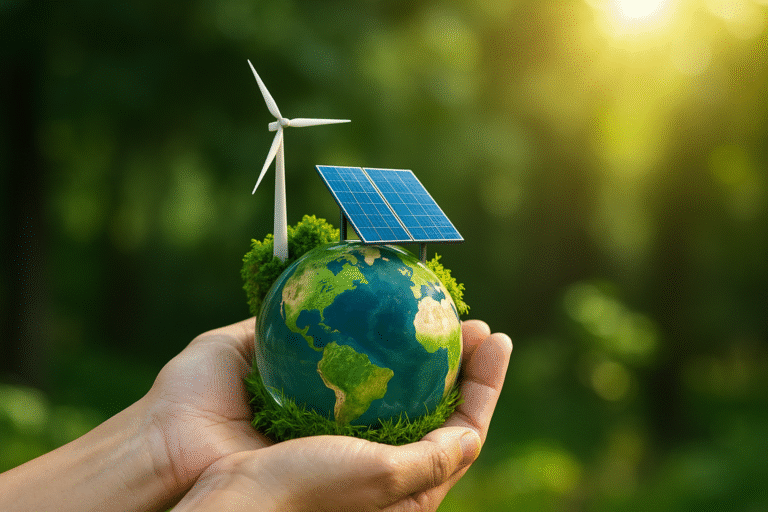 Fenntartható energia – kézben tartott Föld, rajta napelem és zöld növényzet.